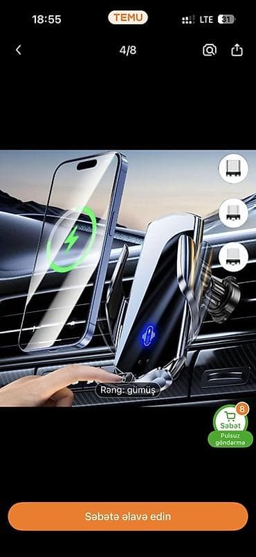 avto kredit: Avtomobil üçün simsiz şarjlı telefon tutacağı – rəng: gümüş Tecili — 2