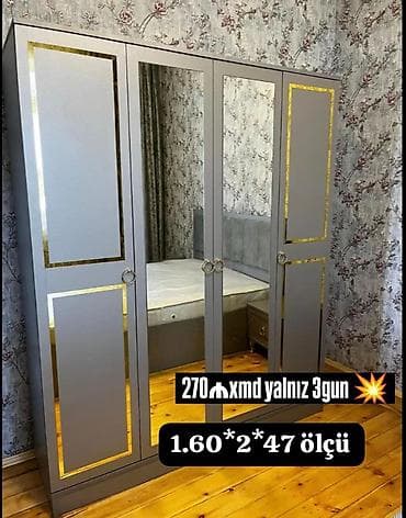 skaf: Dörd qapılı paltar şkafı - Rəng: boz, qızılı bordür detalları - Ön — 1