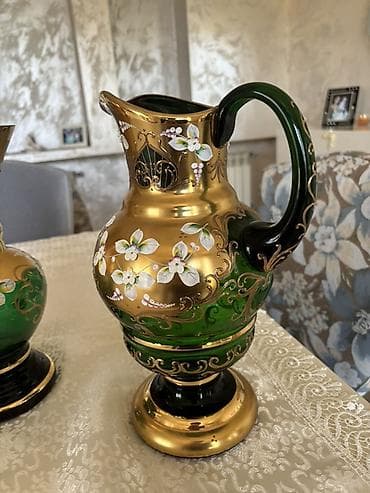 samavar tok: Qızılı naxışlı yaşıl şüşə süfrə dəsti AL ISHI! - Tərkib: 1 ədəd sürahi — 1