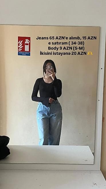 smart watch 7: Jeans və bodi dəsti - Jeans: geniş kəsim, mavi rəng, yüksək bel. Ölçü — 1