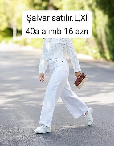 Ağ rəngli geniş kəsimli qadın şalvar. - Ölçülər: L, XL - Stil: düz