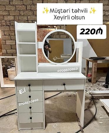 Ağ rəngli makiyaj masası və güzgü dəsti - Dairəvi güzgülü üst hissə -