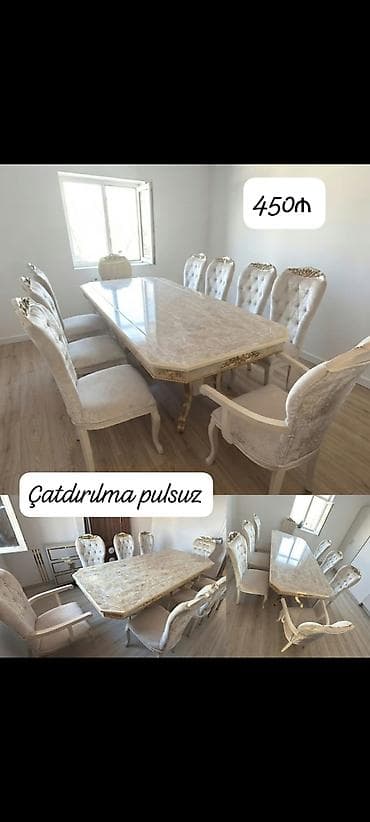 Mebel: Qonaq otağı üçün, İşlənmiş, Dördbucaq masa, 8 stul — 1
