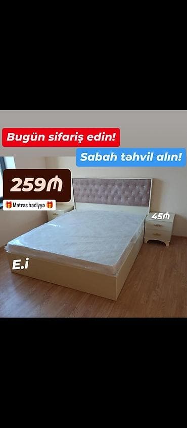 mini drel: Yataq dəsti – başlıq, çarpayı bazası və tumbalar - Rəng: bej krem — 1