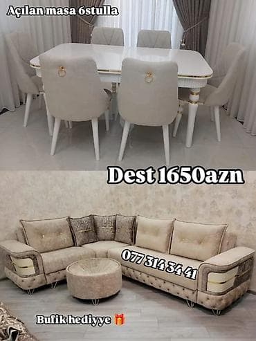Divan və masa dəstləri: Dest mebel dəsti - Açılan yemək masası + 6 ədəd stul - Künc divan — 1
