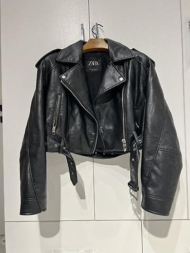 qara jaket: ZARA Vintage qara dəri görünümlü biker üslubunda qısa gödəkcə. 189 — 1