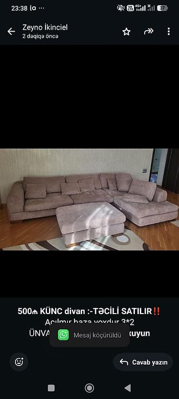 *500₼ KÜNC divan :-TƏCİLİ SATILIR*‼️ Açılmır baza yoxdur 3*2 — 1