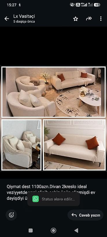 Qiymət dest 1100azn.Divan 2kreslo ideal veziyyetde yeni alinib cehiz