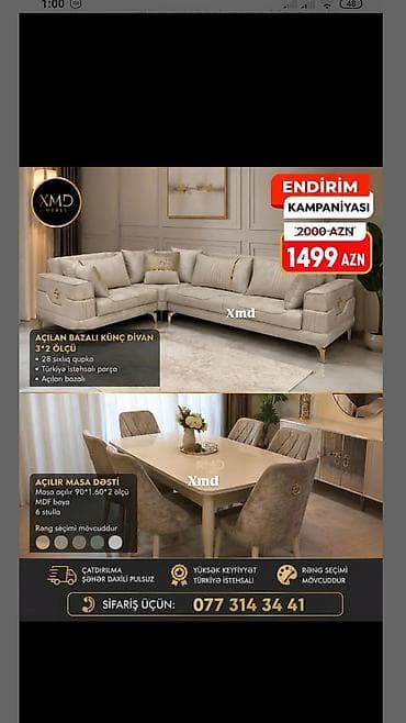 reception masa: Açılan bazalı künc divan və açılır masa dəsti Künc divan: - Ölçü: 3×2 — 1