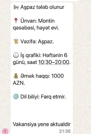 evde qablasdirma işi: Vakansiya: Aşpaz Ünvan: Montin qəsəbəsi, həyət evi İş qrafiki — 1