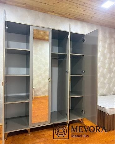 madeyra paltar dolabi: Yeni, 4 qapılı, Güzgülü, Boz, Digər material, Açılan, Düz dolab — 2