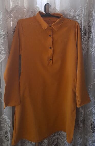 женские стрейчевые юбки: Hardal rəngli qadın tunik köynək - Model: düz kəsim, dizə yaxın — 1