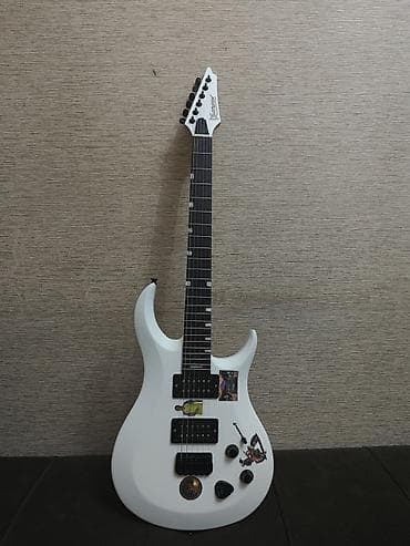gitara elektro: Ağ rəngli elektrik gitara komplekti təqdim olunur. Dəstə şəkildə — 2