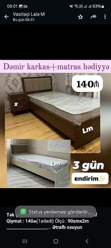 Мебель на заказ: *Tək çarpayı+matras🎁* _*SİFARİŞLƏ VƏ YENİ*_ *Qiymət : 140₼*(1ədədi) — 1