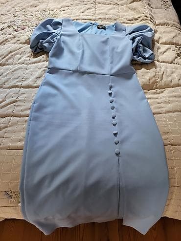 mira mon: Açıq mavi rəngdə elegant qadın paltarı. - Model: qısa qollu, puff/şar — 1