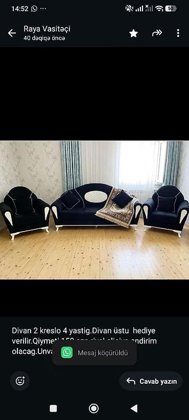 Divan 2 kreslo 4 yastig.Divan üstu hediye verilir.Qiymeti 150 azn lalafo.az -da Divan 2 kreslo 4 yastig.Divan üstu hediye verilir.Qiymeti 150 azn