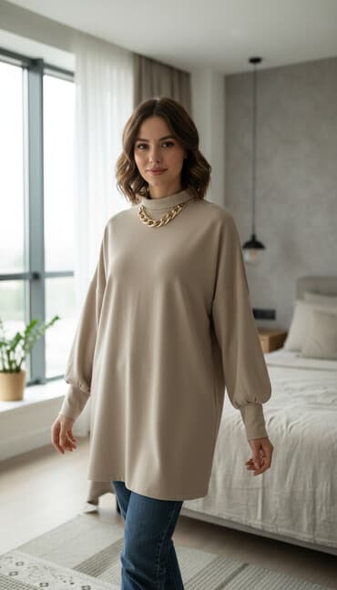kofta modelleri 2022: Bej rəngli qadın bluz/kofta - Model: uzunqollu, yarımboğaz - Bəzək — 1