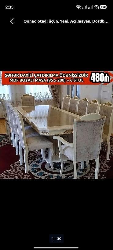 Qonaq otağı üçün dəst: - MDF boyalı masa ölçüsü: 95 x 200 sm - 6 ədəd