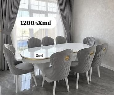 - Yemək otağı dəsti: oval masa + 8 ədəd stul - Masa: parlaq ağ üst