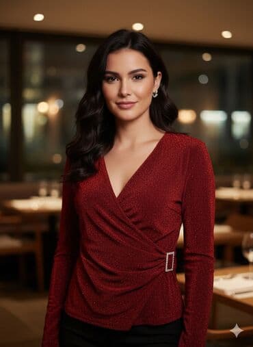 женские атласные юбки: Qırmızı parıltılı bluz - Model: Qırmızı, zərif parıltılı fakturalı — 1