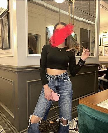 Qadınlar üçün yüksək belli, düz kəsimli cins şalvar - Model: diz