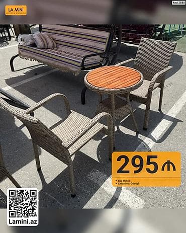 perla stul: Bağ mebeli dəsti – 2 ədəd rattan üslublu kreslo və dairəvi masa. - — 1