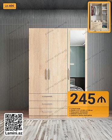 3 qapılı paltar dolabı - Ölçülər: D 47 × H 200 × U 120 sm - Material