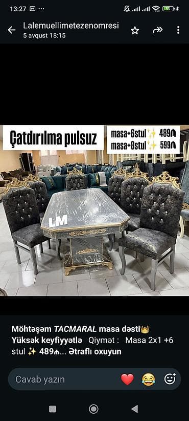 stul stol: Tacmaral masa dəsti - Tərkib: masa + 6 stul və ya masa + 8 stul - — 1