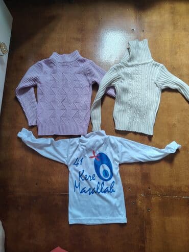 детская и подростковая одежда: Uşaq geyim dəsti – 3 ədəd uzunqol üst geyimi - Ağ-boz rəngli boğazlı — 1