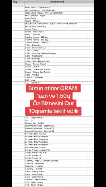 Məhsul: Qramla ətirlar kataloqu Təsvir: - Bütün ətirlər qramla təklif