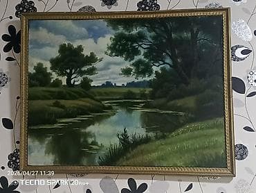 Yağlı boya tablosu – təbiət mənzərəsi - Süjet: sakit çay sahili