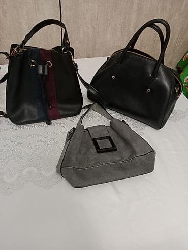 Qadın çanta dəsti – 3 model sumkanin biri dəridir - Qara bucket tipli