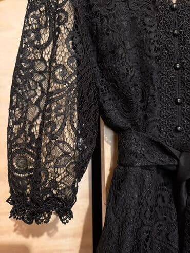 raketa saat qiymeti: Qara krujeva maxi paltar - Model: Uzun, A-kəsimli siluet - Parça: Tam — 2