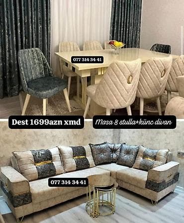 kreditle divanlar: Yemək otağı və qonaq otağı üçün dəst: - Masa + 8 ədəd stul - Künc — 1