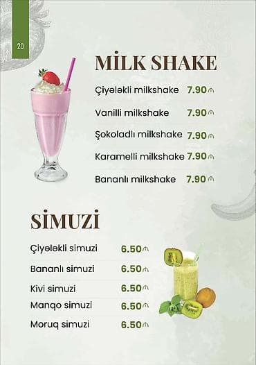 20 yaş tortu: Milkshake və Simuzi menyusu Milkshake çeşidləri (300 ml şüşə qədəhdə — 1