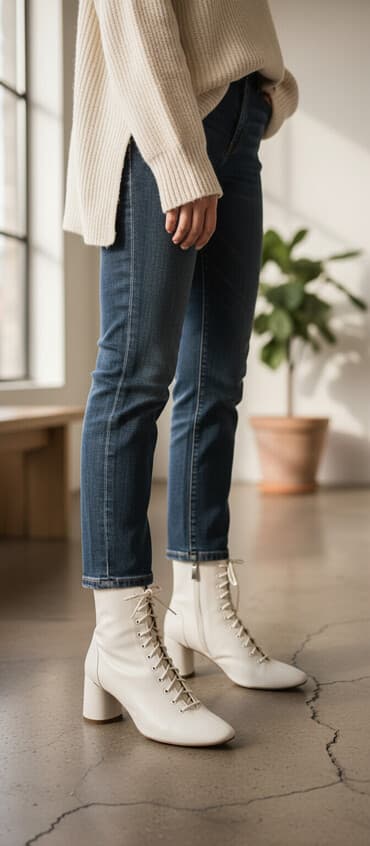 Ağ rəngli qadın botları - Dizayn: Klassik, daralmış burun; yan