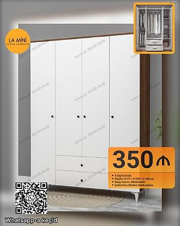 4 qapılı, Siyirməli, Ağ, Açılan, Düz dolab