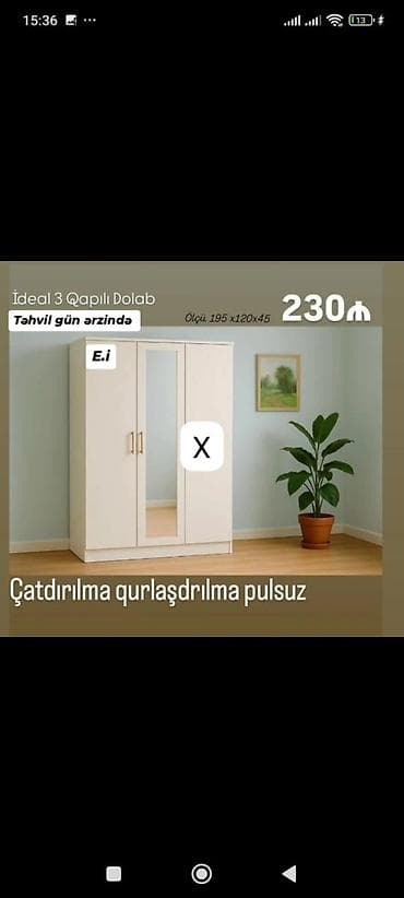 paltar dolab: İdeal 3 qapılı dolab - Ölçü: 195 x 120 x 45 sm - 3 qapı: ortada — 1