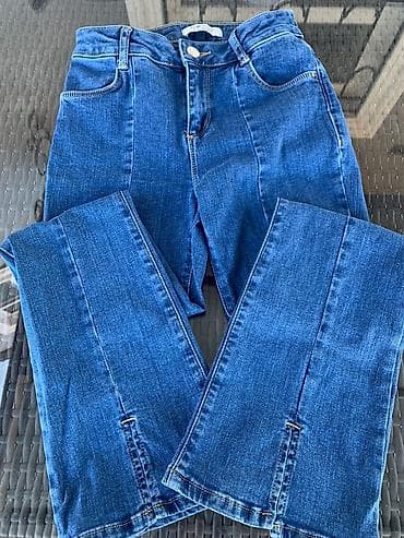 Göy denim cins şalvar - Kəsim: şalvar ətəyində yan tikiş boyunca