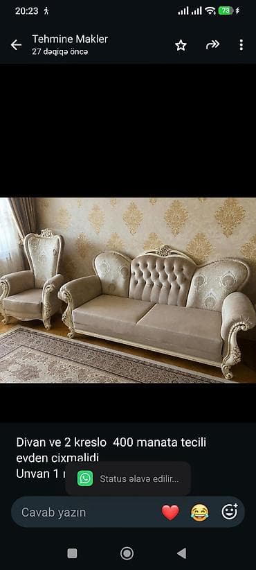 Divan ve 2 kreslo 400 manata tecili evden cixmalidi
Unvan 1 mik*Tehi — 1