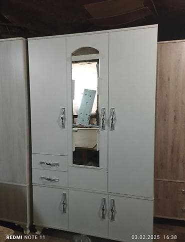 Yeni, 3 qapılı, Güzgülü, Ağ, Taxta, Açılan, Düz dolab