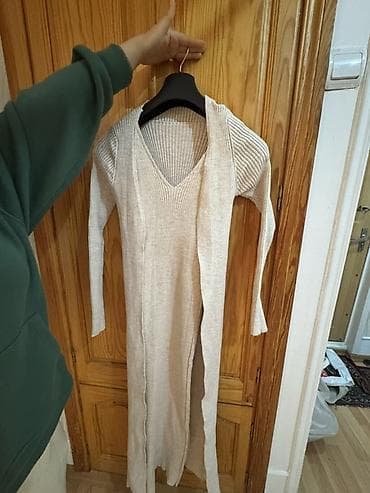 payiz koftalari: Qadın trikotaj dəst – uzun don və uyğun kardiqan - Rəng: açıq — 2