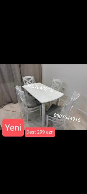 ders masaları: Mətbəx üçün, Yeni, Açılmayan, Kvadrat masa, 4 stul — 1