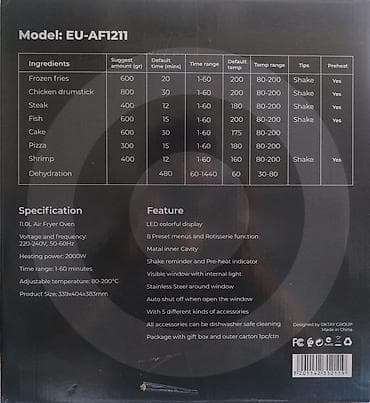 wifi modem nokia: Euroacs EU-AF1211 Hava Fritözü – 11 L Xüsusiyyətlər: - 11.0 L Air — 4