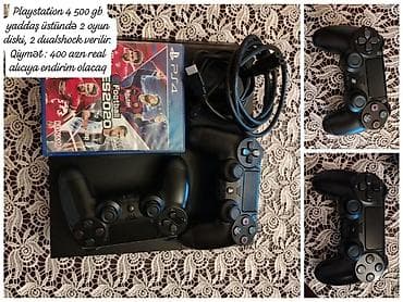 PlayStation 4, 500 GB yaddaş. Komplektə: - 2 ədəd DualShock 4