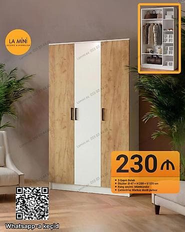 dolablar paltar: 3 qapılı dolab - Ölçülər: Dərinlik 47 sm × Hündürlük 200 sm × Uzunluq — 1