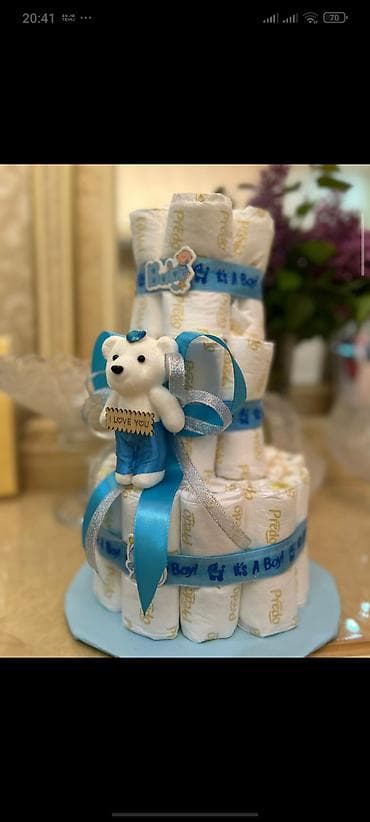 tort sekilleri qız üçün: Məhsul: Körpə üçün bez tortu (diaper cake) Təsvir: - 3 mərtəbəli — 2