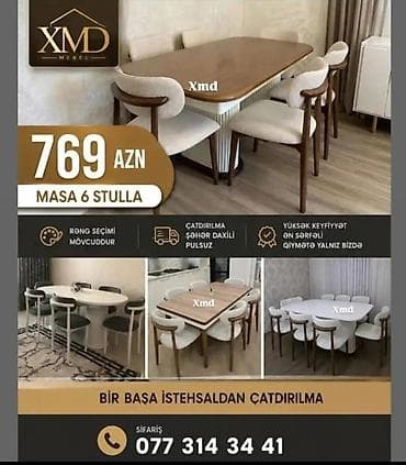 ucuz manej: Masa və 6 stul dəsti – zərif dizayn, rahat oturacaq və möhkəm — 1
