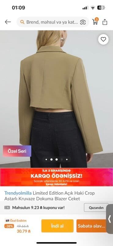 Kardiqanlar, jaketlər: Trendyolmilla Limited Edition “Açıq Xaki” crop blazer ceket - Model — 5