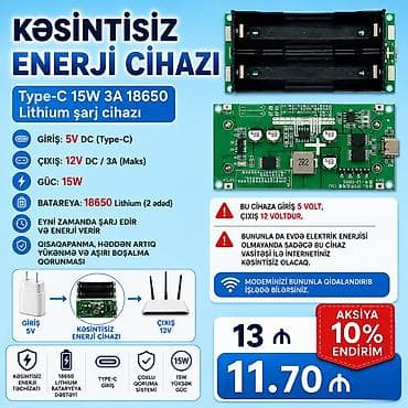 Kəsintisiz enerji cihazı Type-C 15W 3A 18650 Lithium şarj cihazı. ⛔ Bu